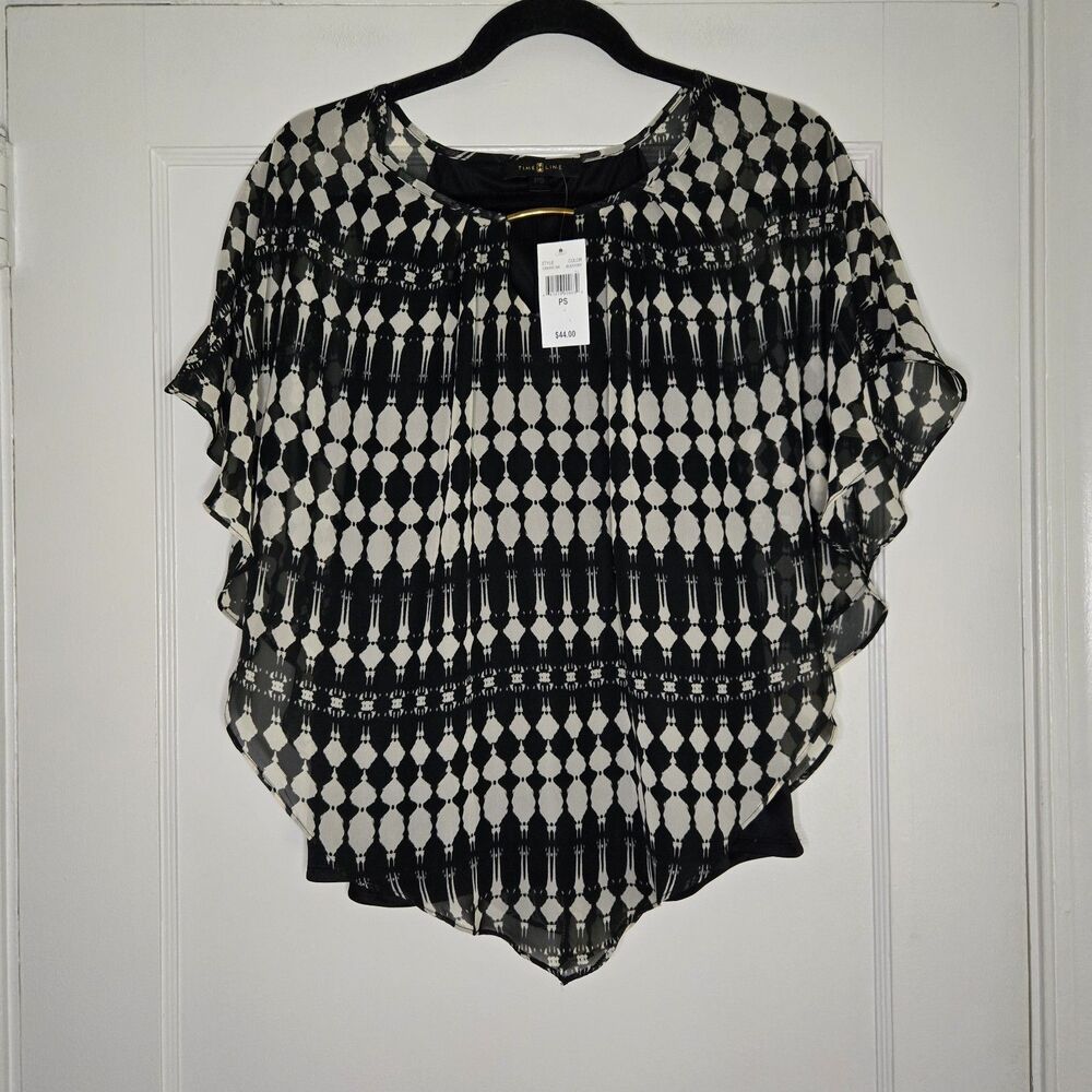 Time Line Black Ivory Blouse Petite Small Womens Abstract Career Y2K Top